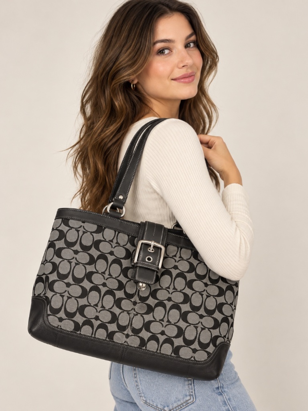 Coach Hamptons Signature Large Carryall Tote Bag Black Leather F12643